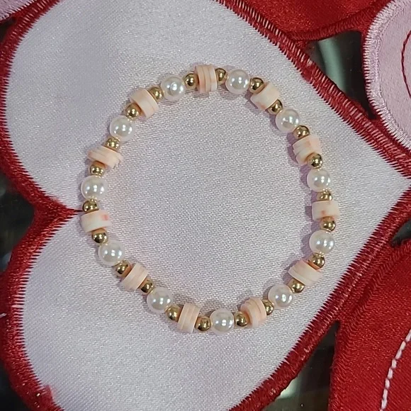 Valentines Day Bracelet Set Pink Gold Pearls Clay Heishi Bracelet Heart Handmade - Picture 4 of 6